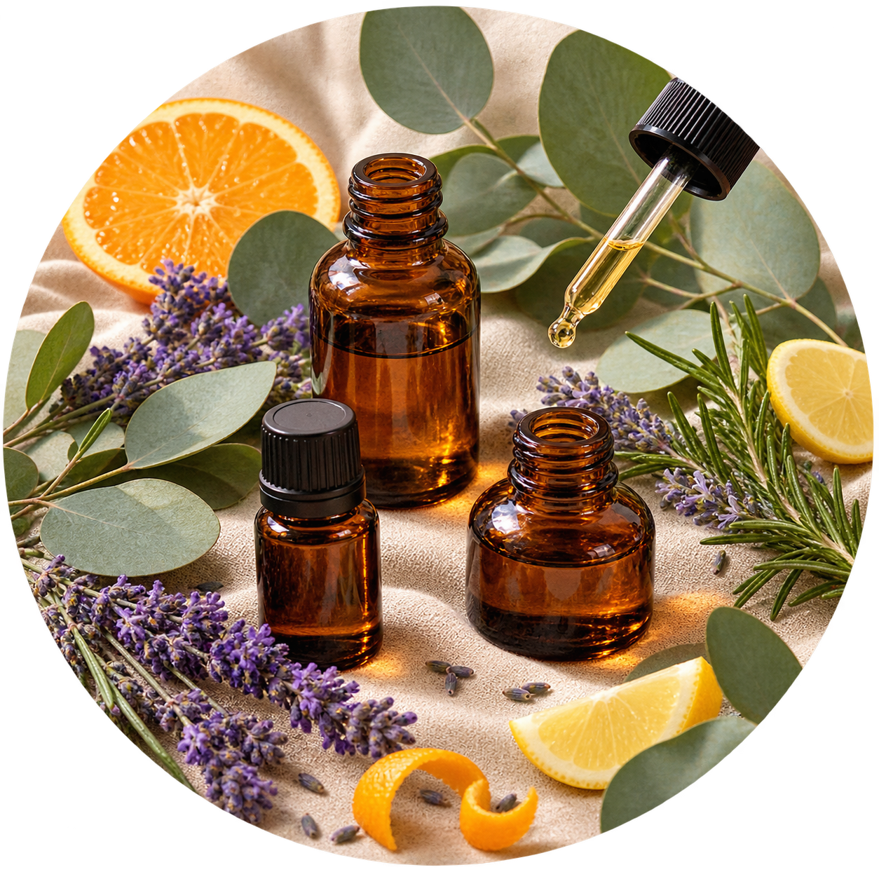 Frascos de aceites esenciales con lavanda, romero, eucalipto y cítricos sobre una base circular de lino crema.