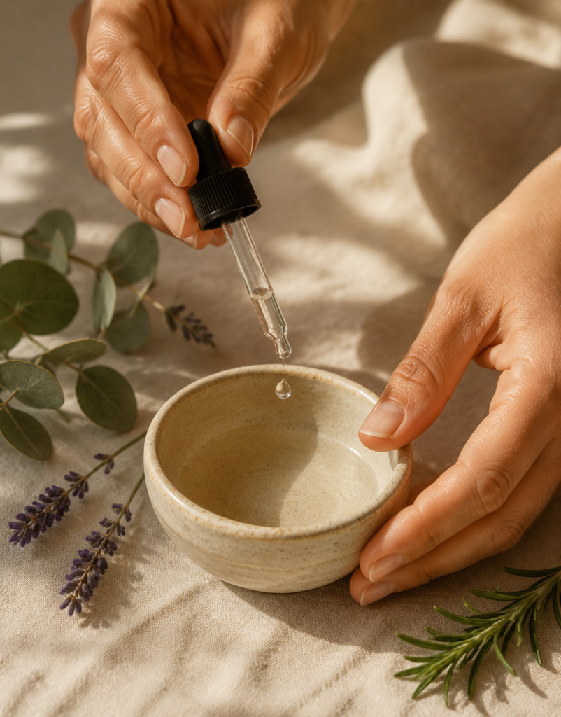 Manos preparando una mezcla aromática natural con un cuentagotas y un recipiente de cerámica.