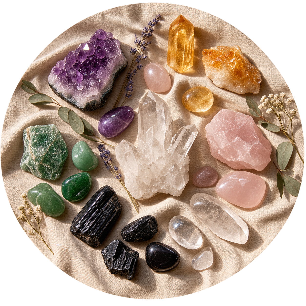 Piedras y cristales para gemoterapia sobre una tela de lino.