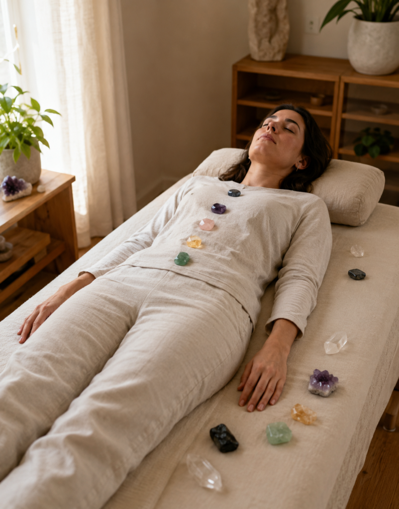 Sesión de gemoterapia con gemas colocadas sobre la ropa de una persona recostada en una camilla.