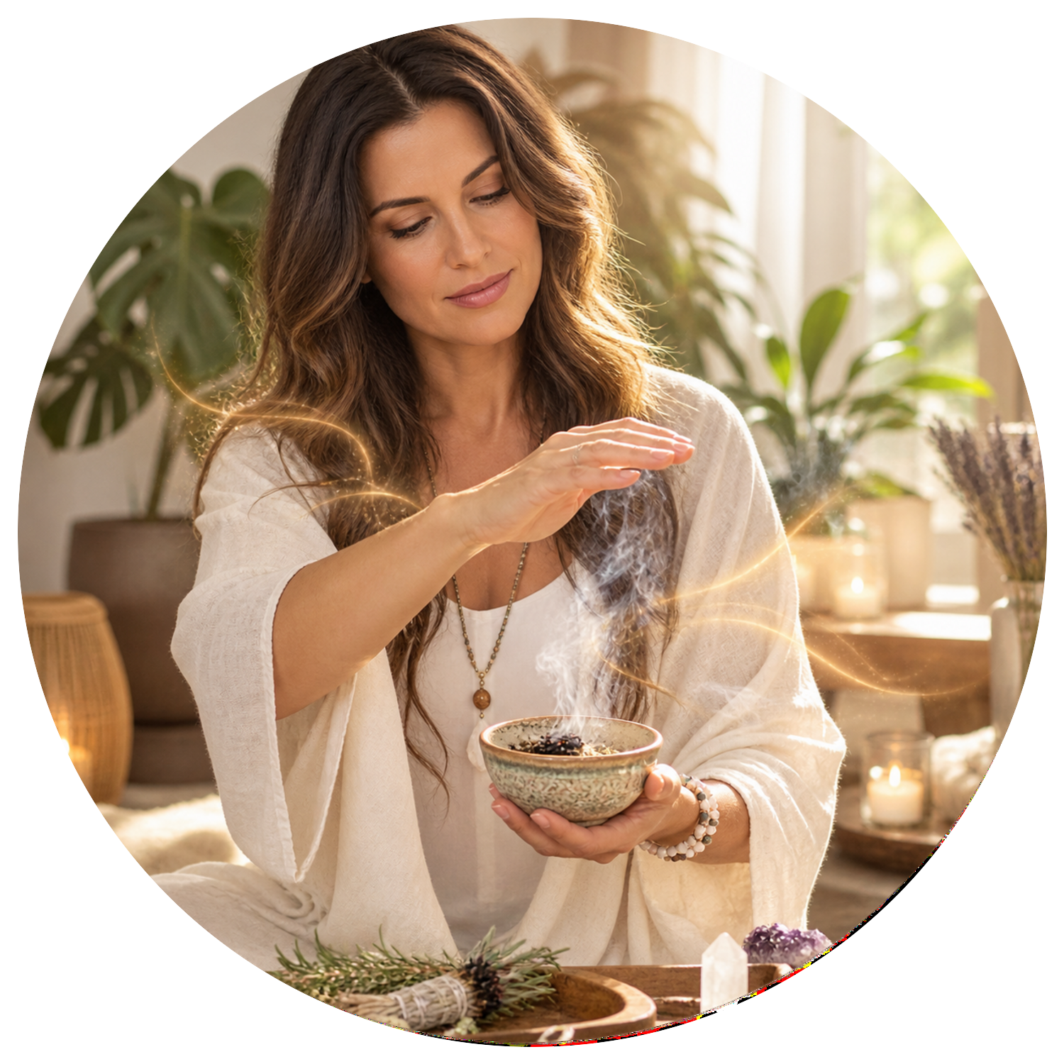 Terapeuta realizando una limpieza energética con un cuenco de hierbas aromáticas en un ambiente cálido y luminoso.