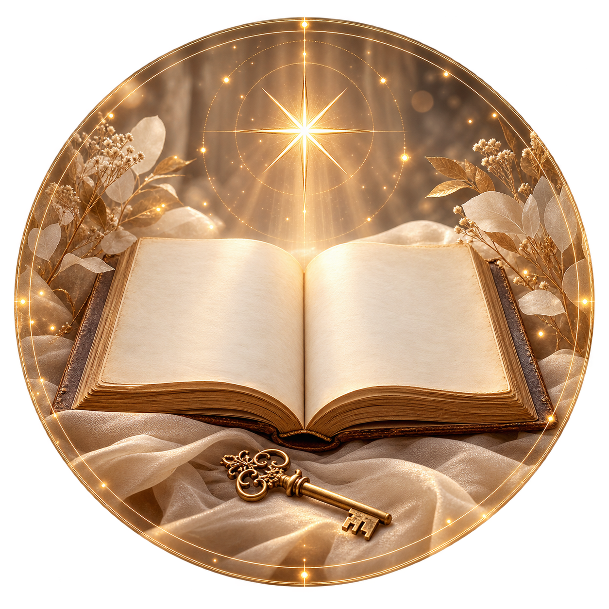 Libro abierto con una llave antigua y una estrella dorada, representación simbólica de los Registros Akáshicos.