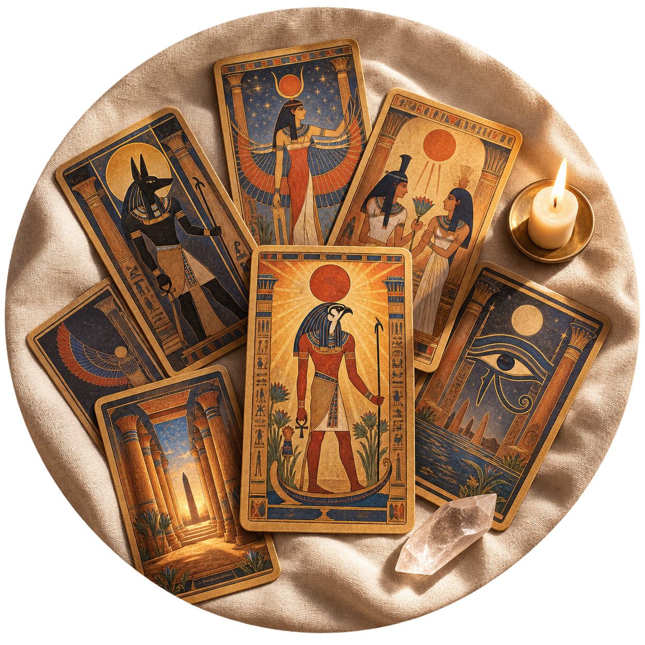 Cartas de Tarot Egipcio dispuestas sobre una base circular de lino crema, acompañadas por una vela y un cuarzo cristal