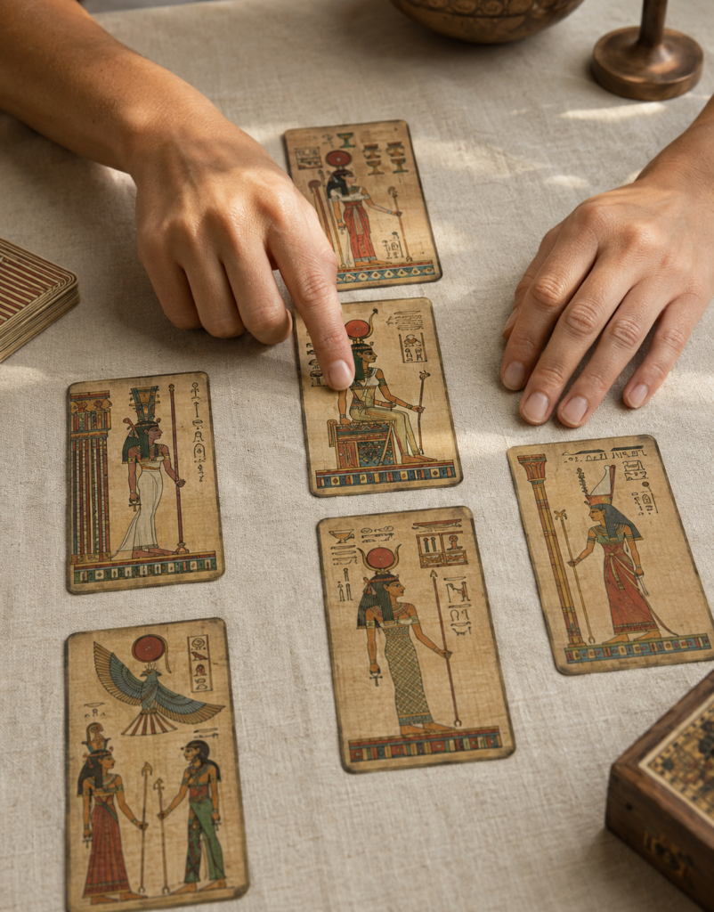 Manos adultas interpretando una disposición de cartas de Tarot Egipcio sobre una mesa cubierta con lino crema, iluminada con luz natural lateral.