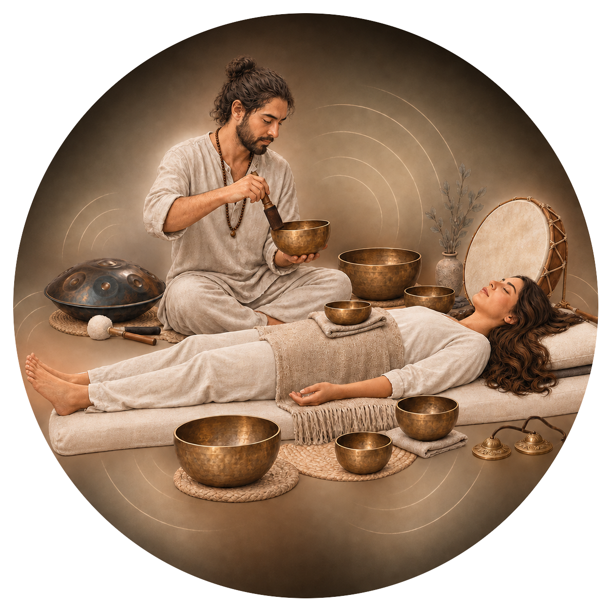 Sesión de terapia de sonido con cuencos tibetanos, handpan, campanas tibetanas y hand drum.