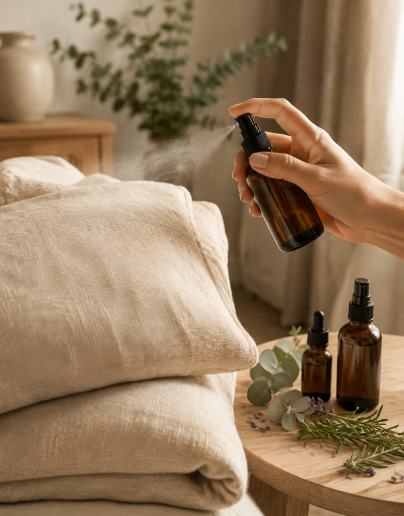 Mano aplicando una bruma aromática sobre textiles de lino junto a preparados de aromaterapia y plantas naturales.