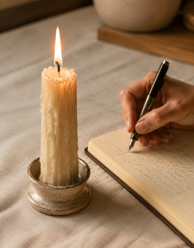 Vela de cera marfil encendida sobre una mesa de lino crema, junto a una mano adulta que registra observaciones en un cuaderno.