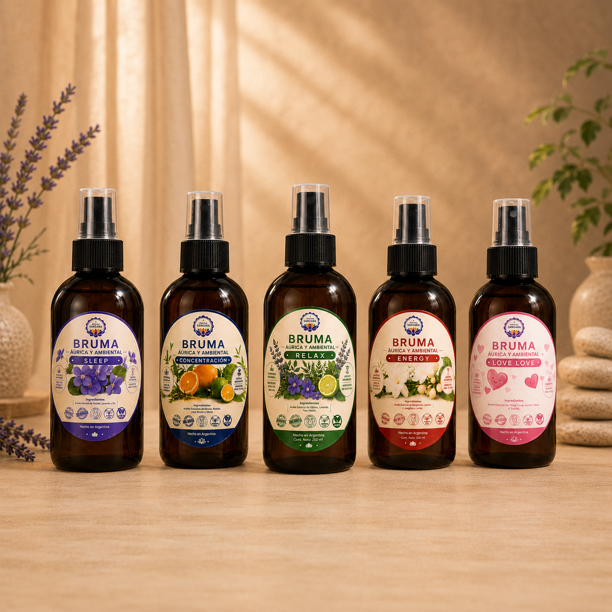 Cinco brumas áuricas y ambientales del Centro Samsara alineadas sobre una superficie de madera, en un ambiente cálido y relajante con lavanda, piedras naturales y vegetación.